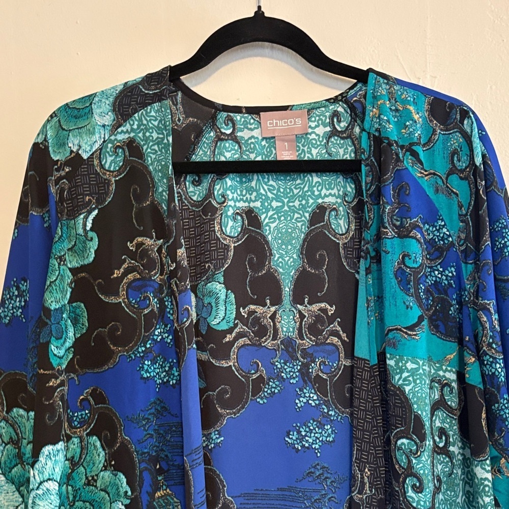 Festival ready Chico's Teal and Black Patterned Kimono with Fringe - Picture 3 of 5
